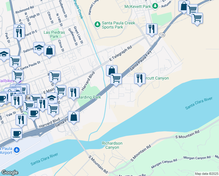 map of restaurants, bars, coffee shops, grocery stores, and more near Santa Paula Fwy in Santa Paula