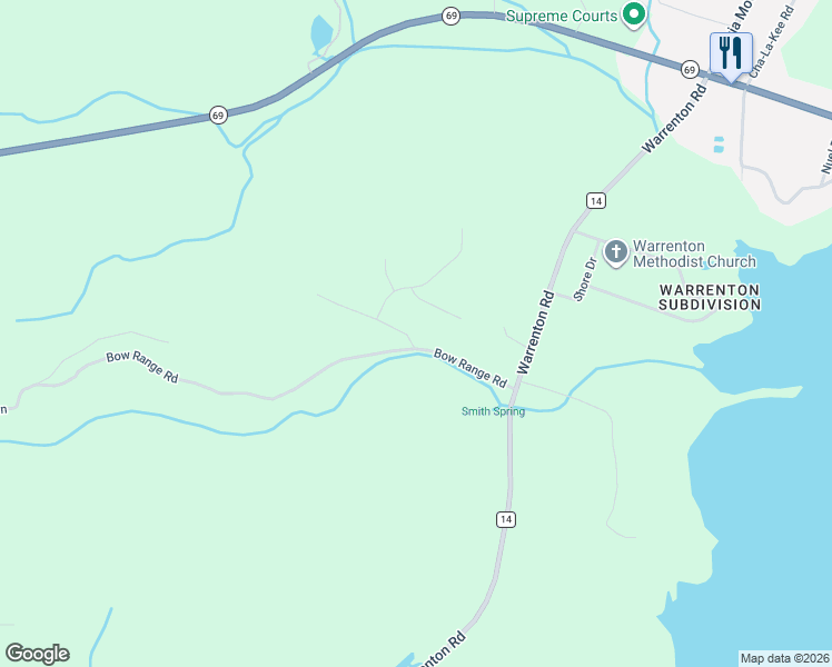 map of restaurants, bars, coffee shops, grocery stores, and more near 68 Eight Point Lane in Guntersville