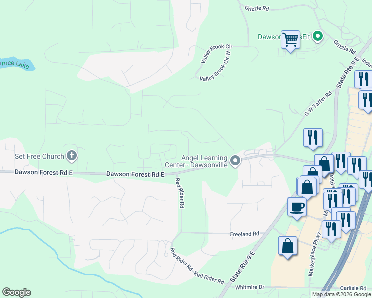 map of restaurants, bars, coffee shops, grocery stores, and more near 138 Riley Circle in Dawsonville