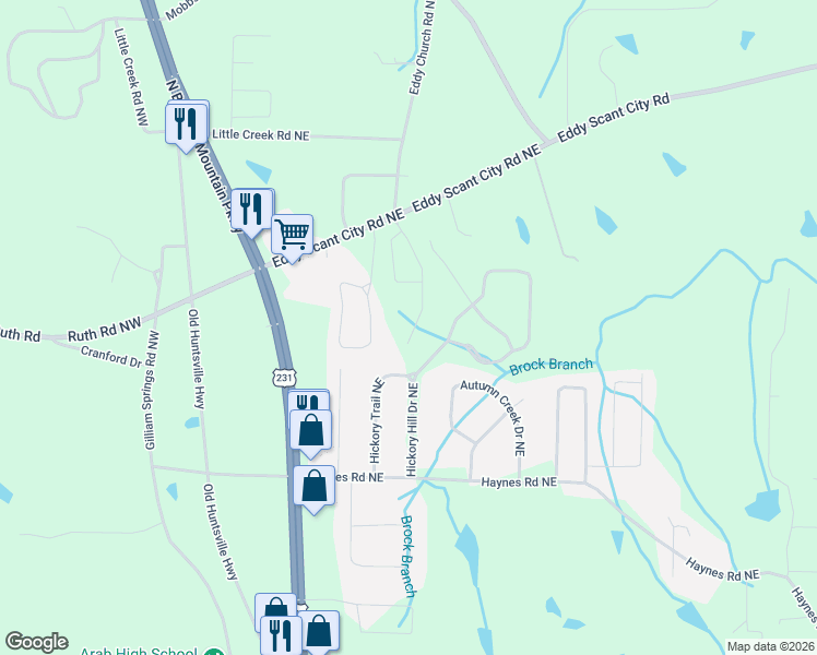 map of restaurants, bars, coffee shops, grocery stores, and more near 210 Eddy Scant City Road Northeast in Arab
