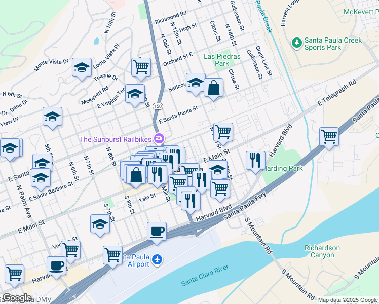 map of restaurants, bars, coffee shops, grocery stores, and more near 122 North 11th Street in Santa Paula