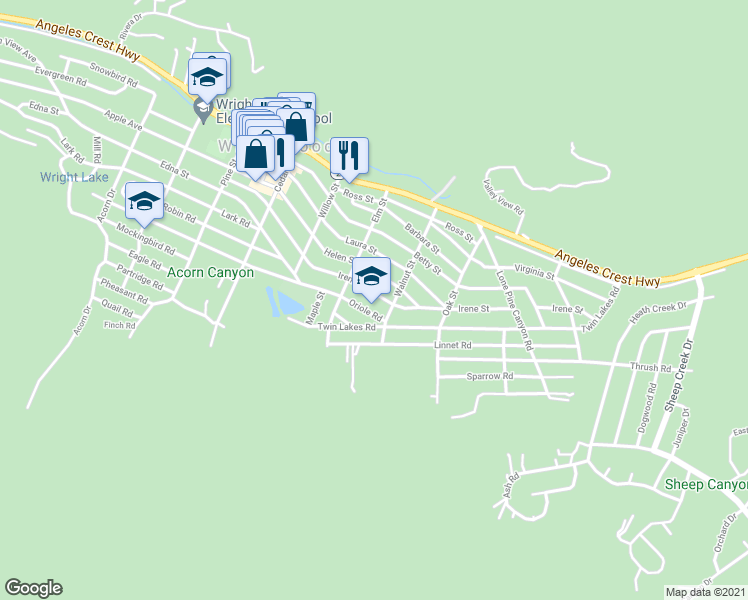 map of restaurants, bars, coffee shops, grocery stores, and more near 1489 Irene Street in Wrightwood