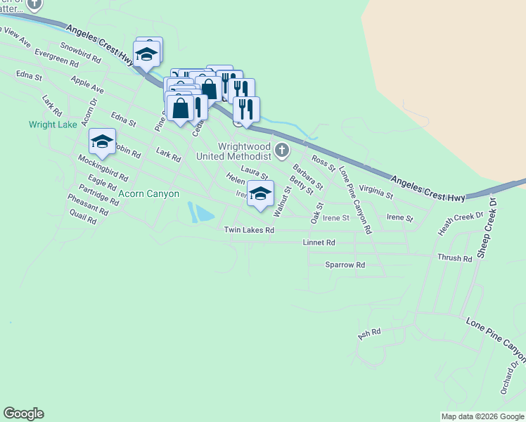 map of restaurants, bars, coffee shops, grocery stores, and more near 1489 Irene Street in Wrightwood