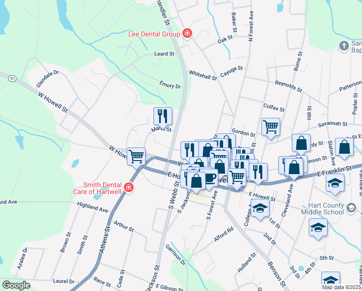 map of restaurants, bars, coffee shops, grocery stores, and more near 302 West Johnson Street in Hartwell