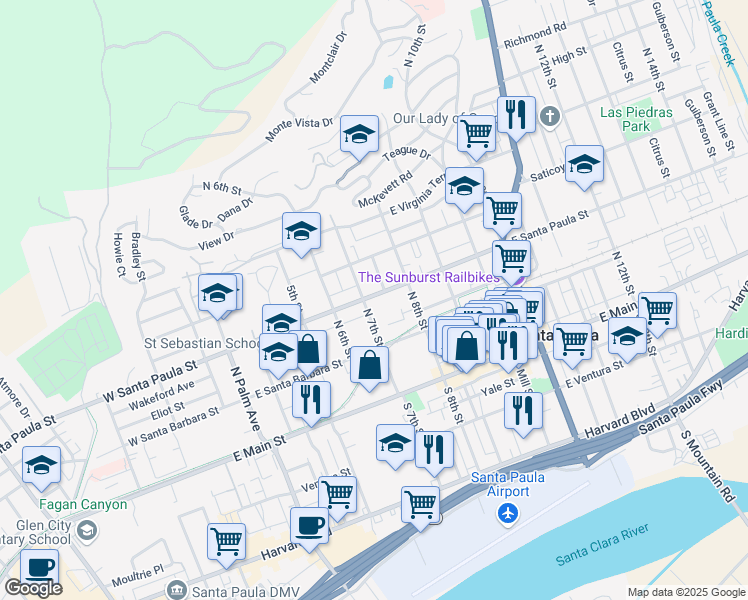 map of restaurants, bars, coffee shops, grocery stores, and more near in Santa Paula