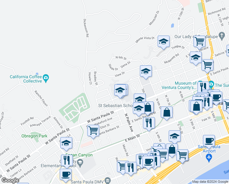 map of restaurants, bars, coffee shops, grocery stores, and more near 130 Redwood Lane in Santa Paula