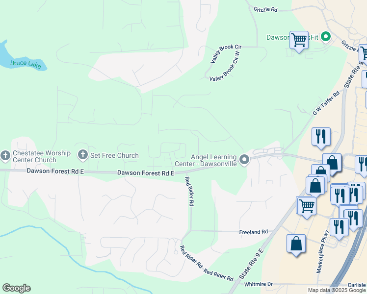 map of restaurants, bars, coffee shops, grocery stores, and more near 131 Riley Circle in Dawsonville