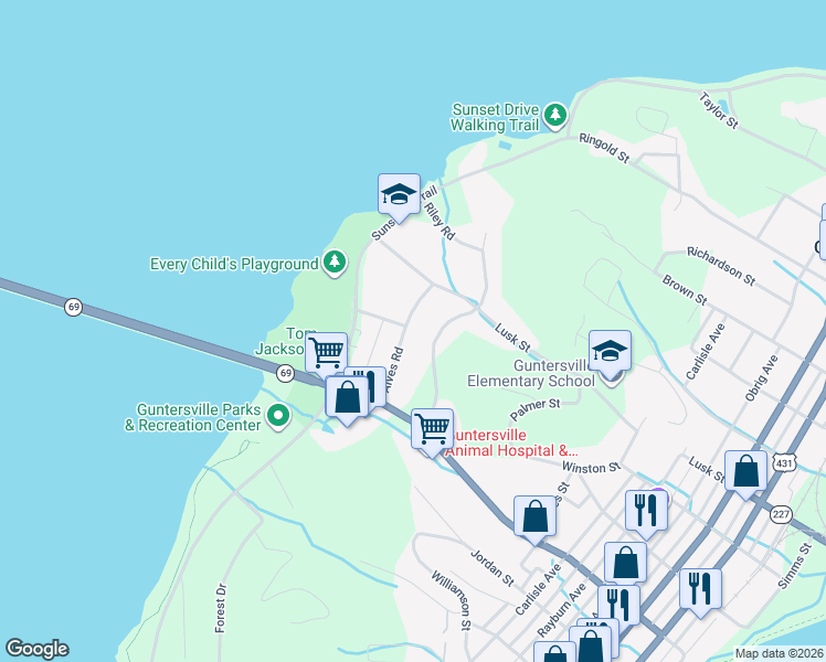 map of restaurants, bars, coffee shops, grocery stores, and more near 1117 Alves Road in Guntersville