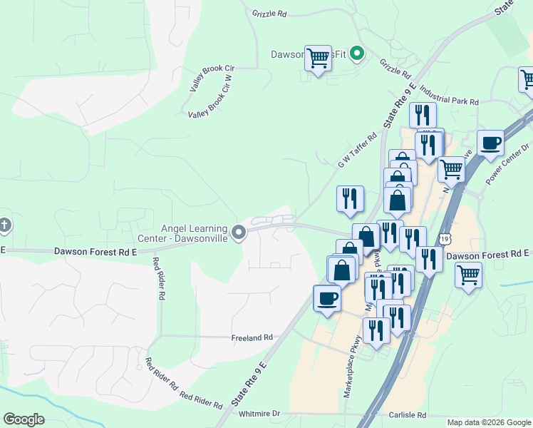 map of restaurants, bars, coffee shops, grocery stores, and more near 3401 Dawson Forest Road East in Dawsonville