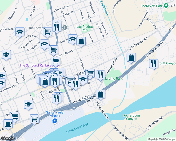 map of restaurants, bars, coffee shops, grocery stores, and more near East Main Street & Garcia Alley in Santa Paula