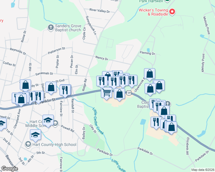 map of restaurants, bars, coffee shops, grocery stores, and more near 156-816 Savannah Saint Exd in Hartwell