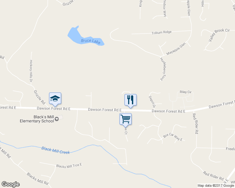 map of restaurants, bars, coffee shops, grocery stores, and more near 214 Paddock Place in Dawsonville