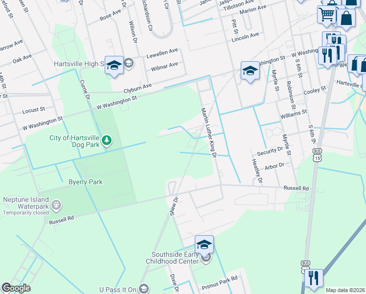 map of restaurants, bars, coffee shops, grocery stores, and more near 533 Meadow Lark Lane in Hartsville