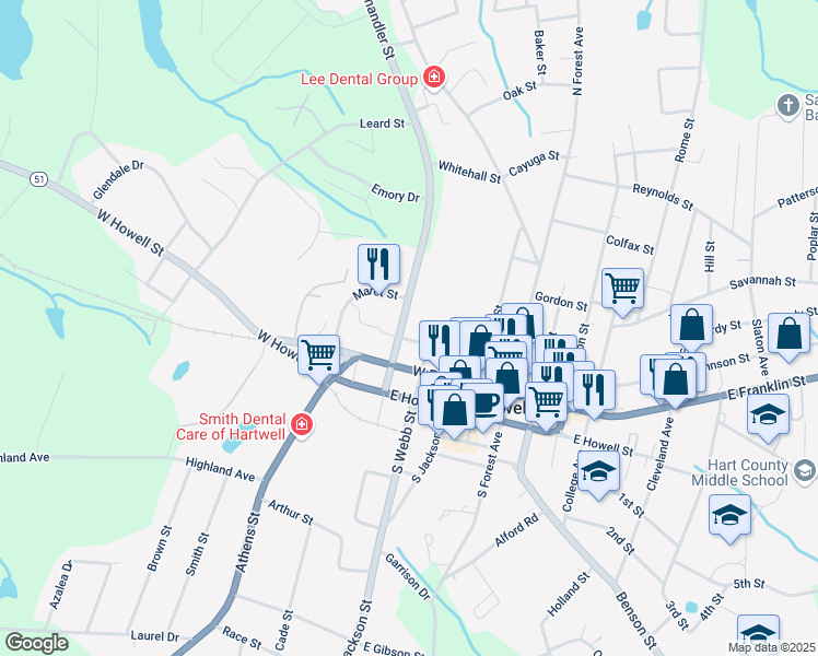 map of restaurants, bars, coffee shops, grocery stores, and more near 302 West Johnson Street in Hartwell