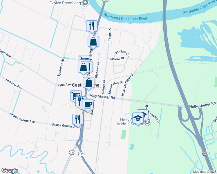 map of restaurants, bars, coffee shops, grocery stores, and more near 113 Shearin Hills Dr in Castle Hayne