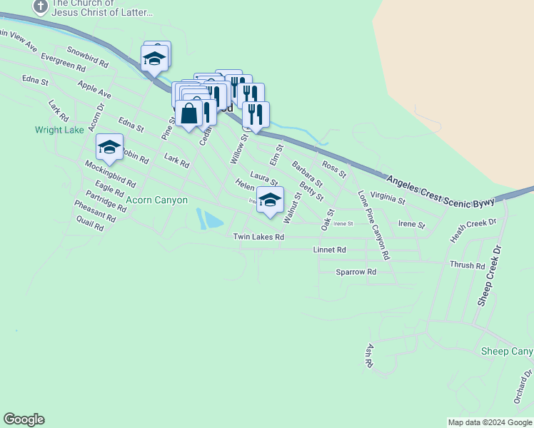 map of restaurants, bars, coffee shops, grocery stores, and more near 1471 Irene Street in Wrightwood