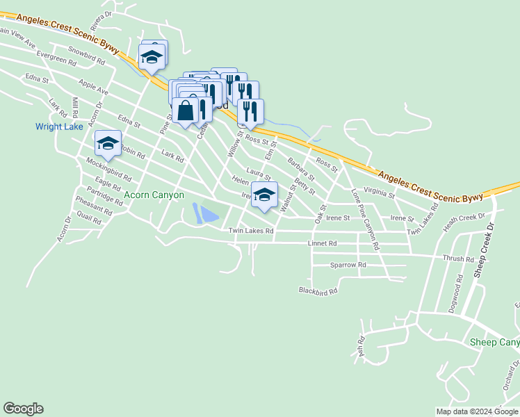 map of restaurants, bars, coffee shops, grocery stores, and more near 1471 Irene Street in Wrightwood
