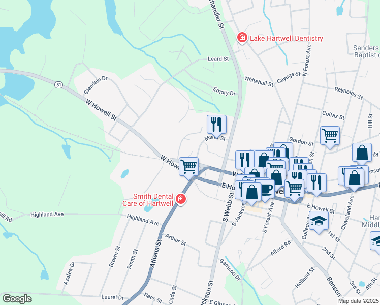 map of restaurants, bars, coffee shops, grocery stores, and more near 70 West Franklin Place in Hartwell