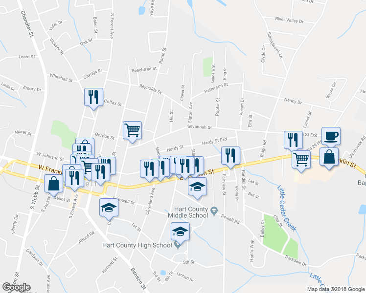 map of restaurants, bars, coffee shops, grocery stores, and more near 66 Hardy Street in Hartwell