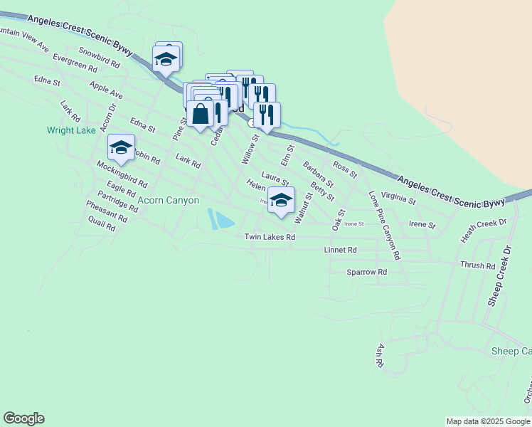 map of restaurants, bars, coffee shops, grocery stores, and more near 1432 Oriole Road in Wrightwood