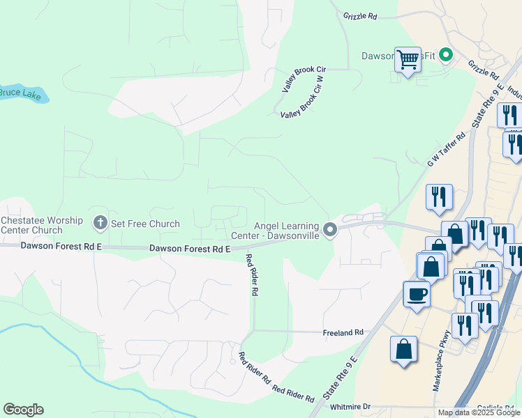 map of restaurants, bars, coffee shops, grocery stores, and more near 86 Cedar Lane in Dawsonville