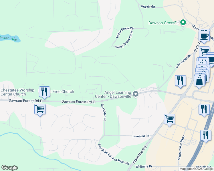 map of restaurants, bars, coffee shops, grocery stores, and more near 86 Cedar Lane in Dawsonville