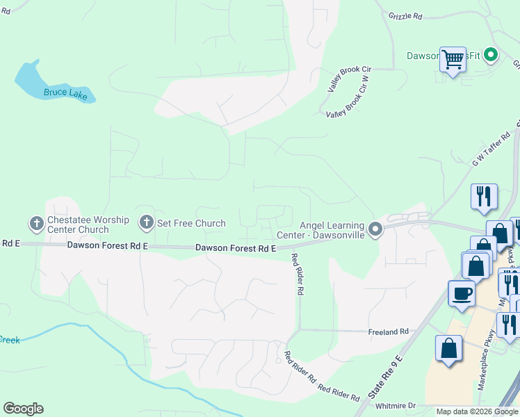 map of restaurants, bars, coffee shops, grocery stores, and more near 236 Riley Circle in Dawsonville