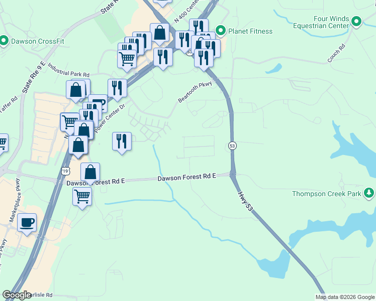 map of restaurants, bars, coffee shops, grocery stores, and more near 7142 Highway 53 in Dawsonville