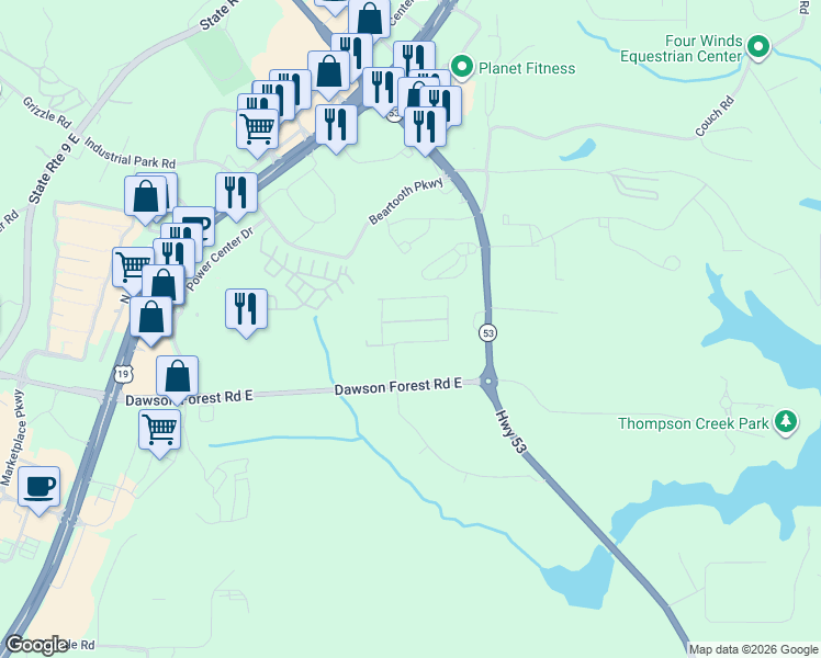 map of restaurants, bars, coffee shops, grocery stores, and more near T F Hughes Road in Dawsonville