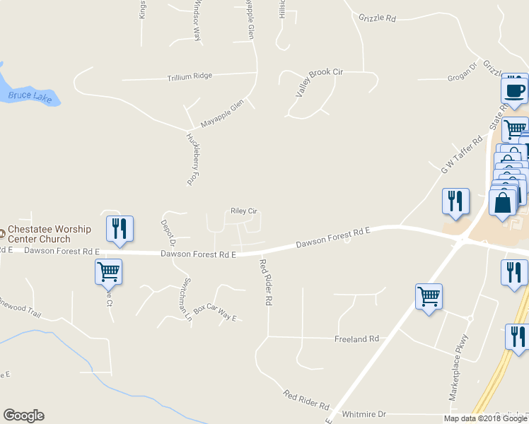 map of restaurants, bars, coffee shops, grocery stores, and more near 138 Riley Circle in Dawsonville