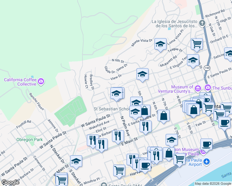 map of restaurants, bars, coffee shops, grocery stores, and more near 421 North Palm Avenue in Santa Paula