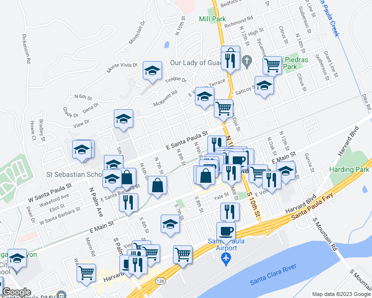 map of restaurants, bars, coffee shops, grocery stores, and more near 235 North 8th Street in Santa Paula