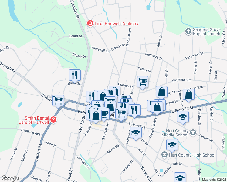 map of restaurants, bars, coffee shops, grocery stores, and more near 234 Carolina Street in Hartwell
