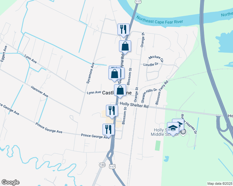 map of restaurants, bars, coffee shops, grocery stores, and more near in Castle Hayne