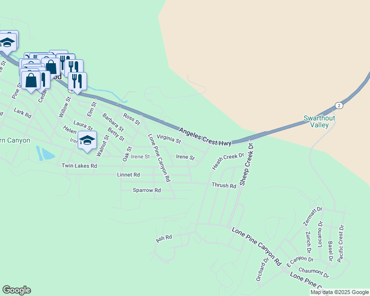 map of restaurants, bars, coffee shops, grocery stores, and more near 1859 Virginia Street in Wrightwood