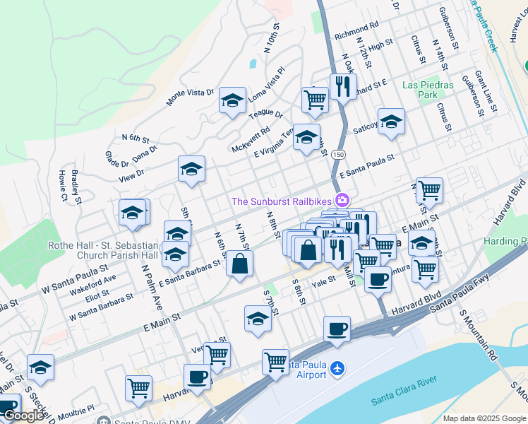 map of restaurants, bars, coffee shops, grocery stores, and more near 738 East Santa Paula Street in Santa Paula