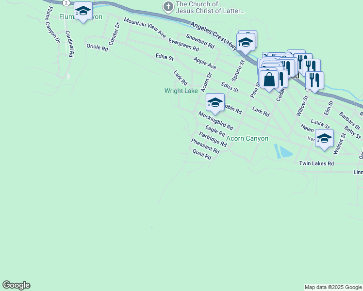 map of restaurants, bars, coffee shops, grocery stores, and more near 5774 Acorn Drive in Wrightwood