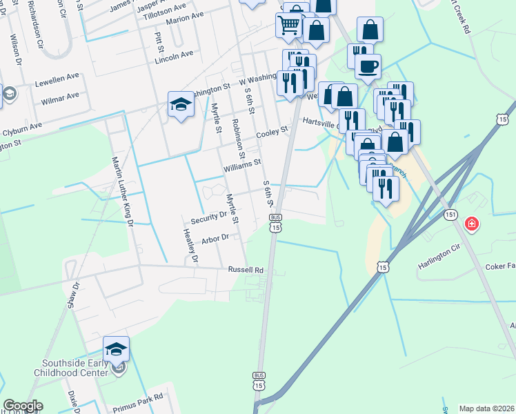 map of restaurants, bars, coffee shops, grocery stores, and more near 1308 South 6th Street in Hartsville