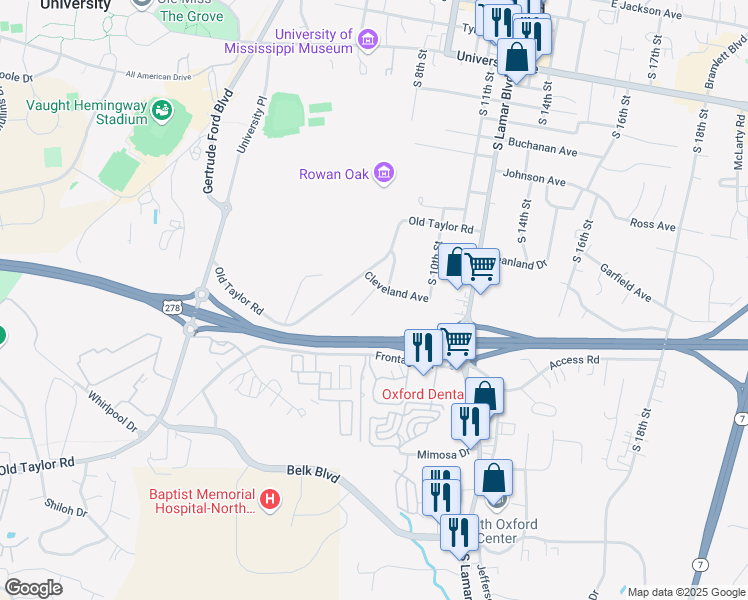 map of restaurants, bars, coffee shops, grocery stores, and more near 1503 Smallwood Drive in Oxford