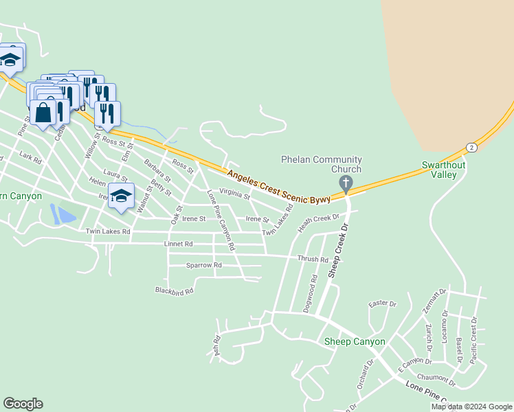map of restaurants, bars, coffee shops, grocery stores, and more near 1859 Virginia Street in Wrightwood