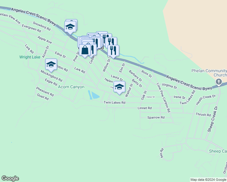 map of restaurants, bars, coffee shops, grocery stores, and more near 1432 Oriole Road in Wrightwood