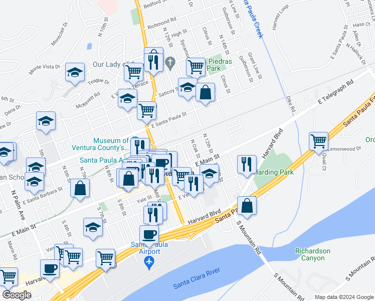 map of restaurants, bars, coffee shops, grocery stores, and more near 127 Miller Lane in Santa Paula