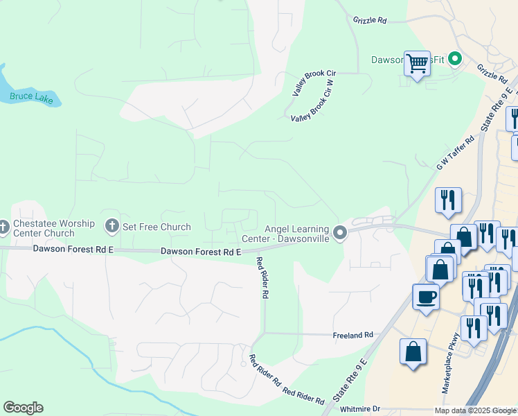 map of restaurants, bars, coffee shops, grocery stores, and more near 146 Riley Circle in Dawsonville