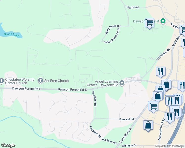 map of restaurants, bars, coffee shops, grocery stores, and more near 146 Riley Circle in Dawsonville