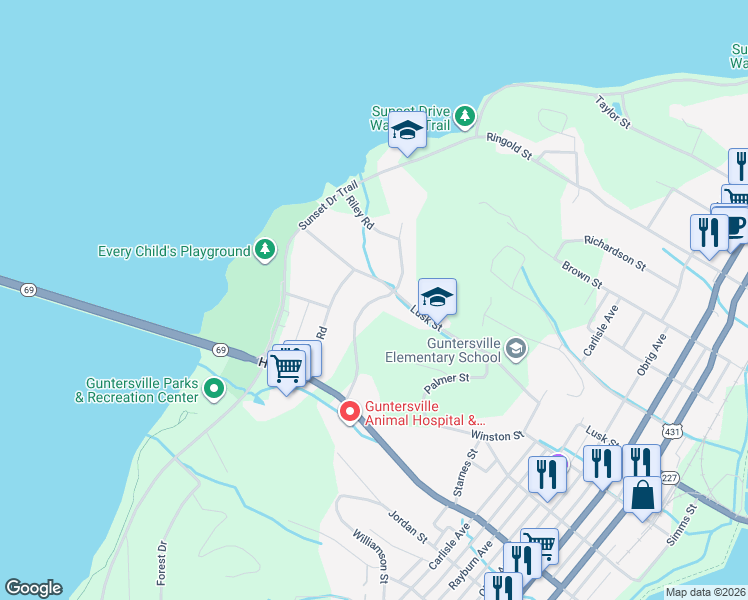 map of restaurants, bars, coffee shops, grocery stores, and more near 1201 Hillwood Drive in Guntersville