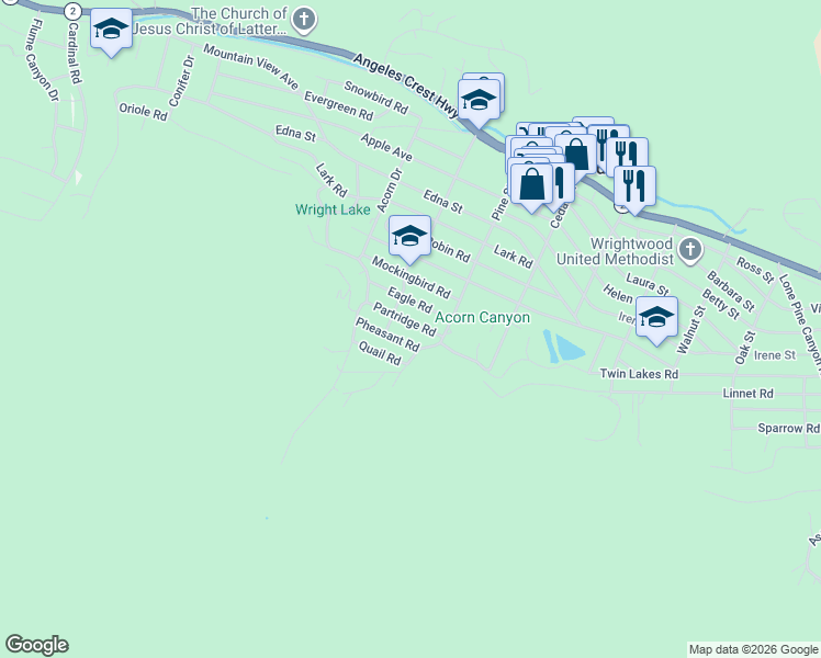 map of restaurants, bars, coffee shops, grocery stores, and more near 1053 Partridge Road in Wrightwood