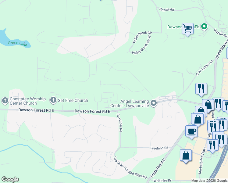 map of restaurants, bars, coffee shops, grocery stores, and more near 176 Riley Circle in Dawsonville