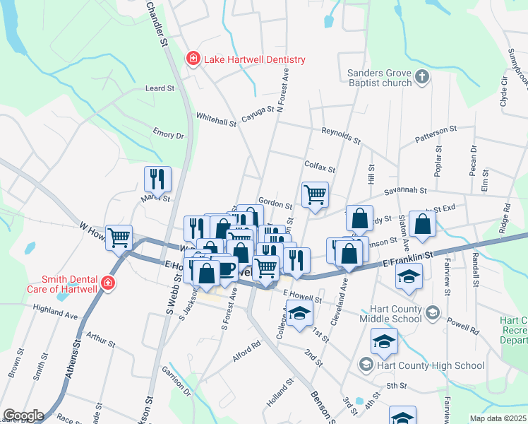 map of restaurants, bars, coffee shops, grocery stores, and more near 212 North Forest Avenue in Hartwell