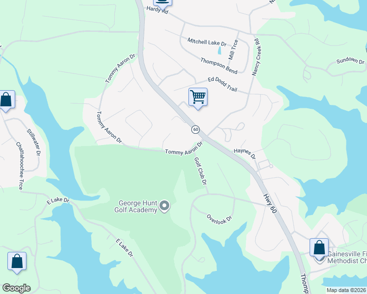 map of restaurants, bars, coffee shops, grocery stores, and more near 280 Tommy Aaron Drive in Gainesville
