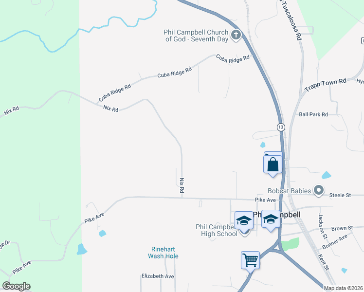 map of restaurants, bars, coffee shops, grocery stores, and more near 3001-3679 Nix Road in Phil Campbell